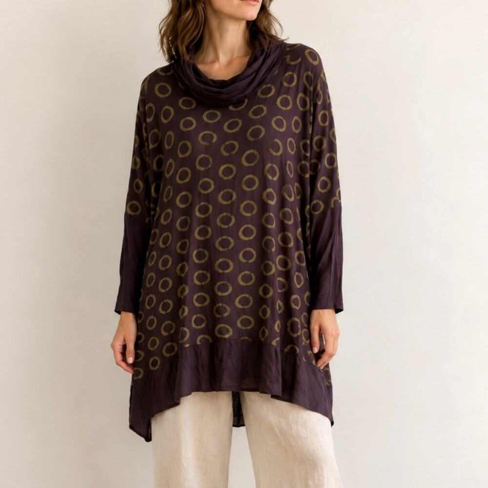 Komil Circle Print Tunic Top Oversized Lagenlook Plum Green Art to Wear-Lg